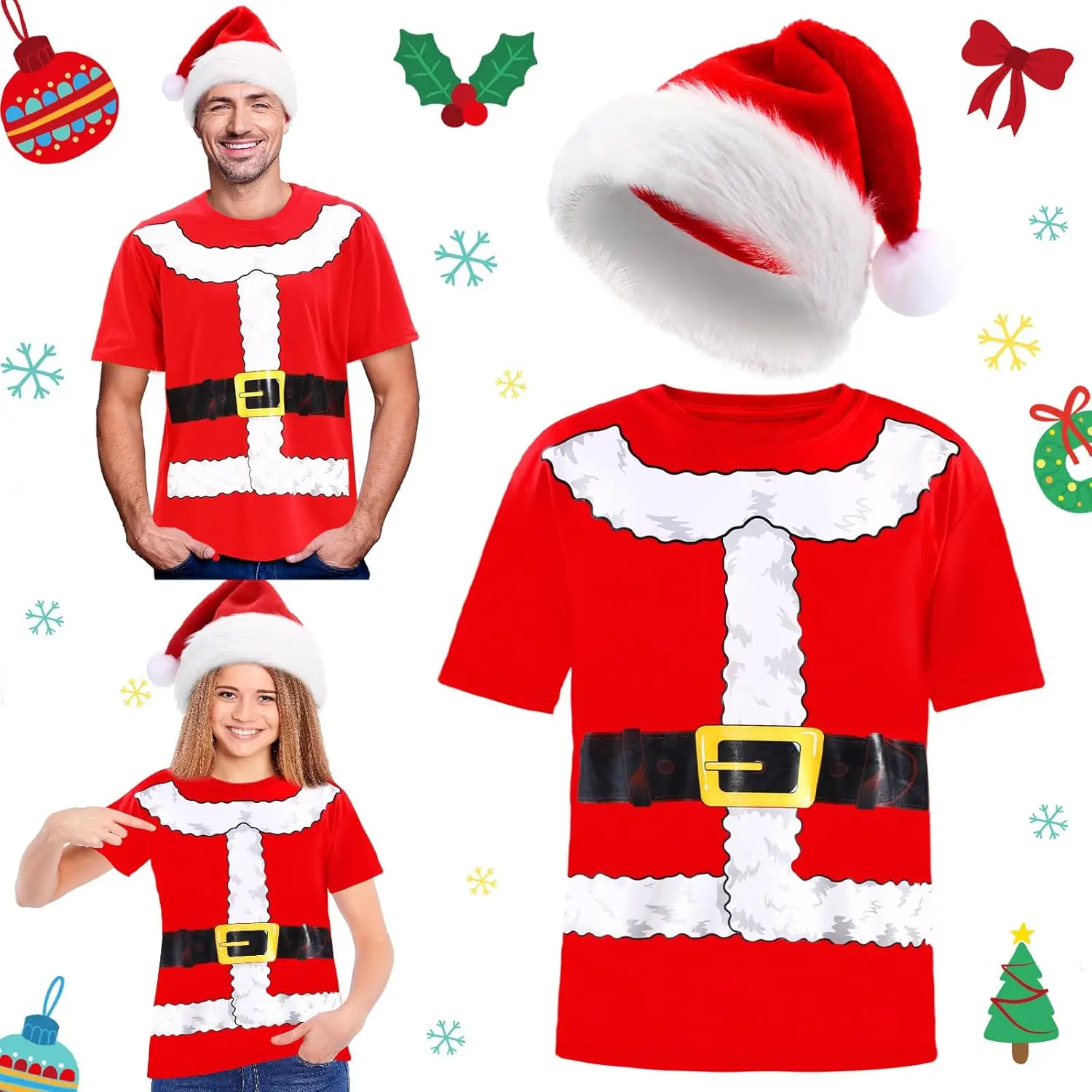 Christmas Santa Claus Costume Unisex Xmas Funny Santa Cotton Shirt with Red Hat for Men Christmas Party T-shirt Family Clothing
