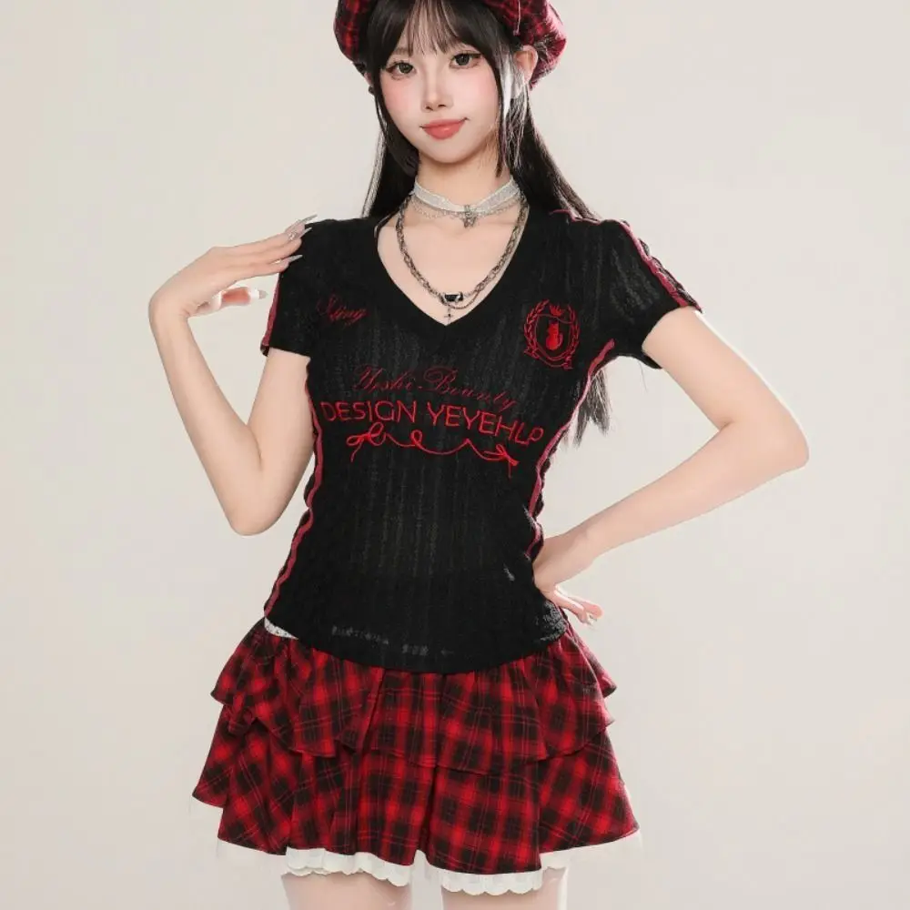 Micro Transparent V-neck T-shirt Short Sleeved Lace Embroidery Short Sleeved Top Letter Graphic Slim Fit See Through T-shirt