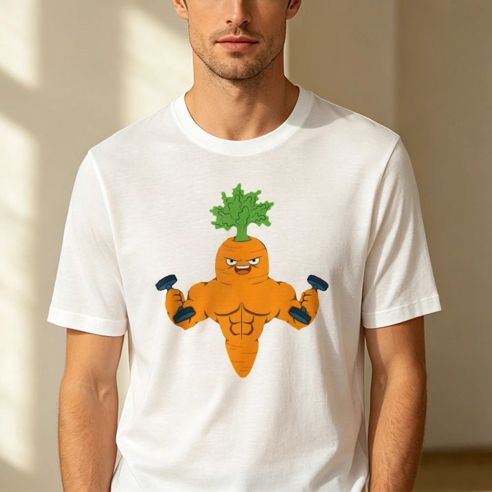 Muscular Carrot Dumbbell Gym Fitness Healthy Diet Men White Tee Y2K Harajuku Veggie Eater Weightlifting Workout Tops
