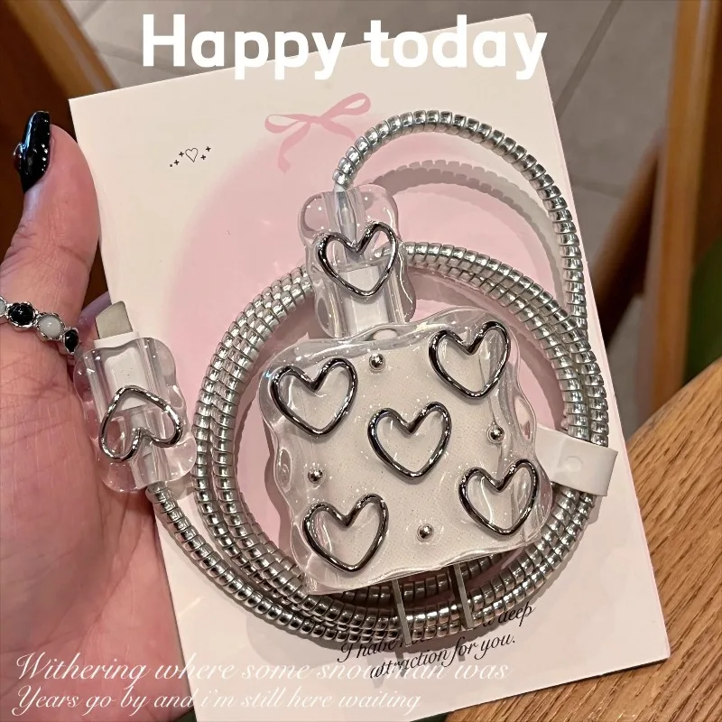 Cute 3D Silver Love Heart Wave Border USB Cable Protector Cover For iPhone 18W/20W Data Line Head Cord Fast Charging Case