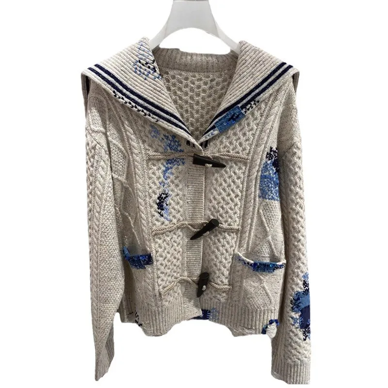 Autumn/winter Navy collar floral college style cardigan sweater women cardigan