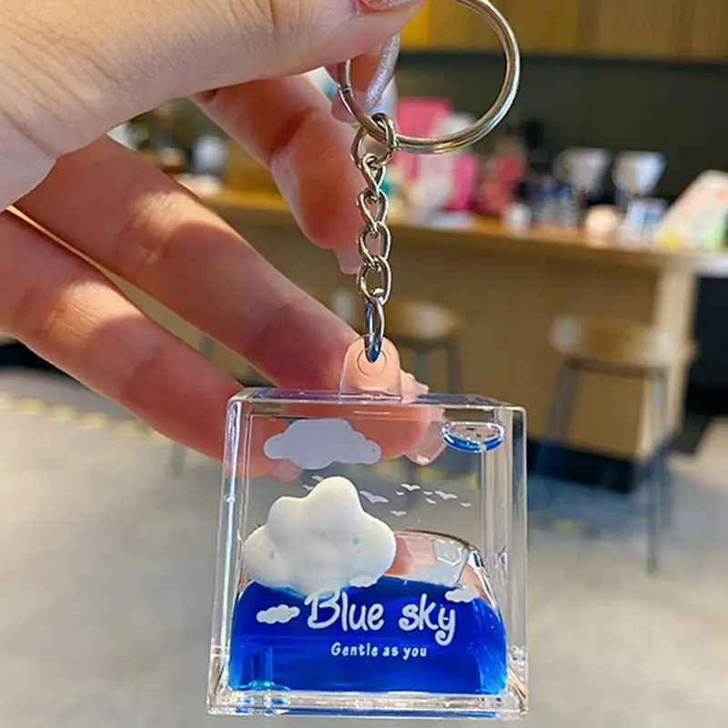 Cute Liquid Keychain Acrylic Square Floating Liquid Clouds Key Ring Keychain Toys Backpack Accessory For Girls Women Hang