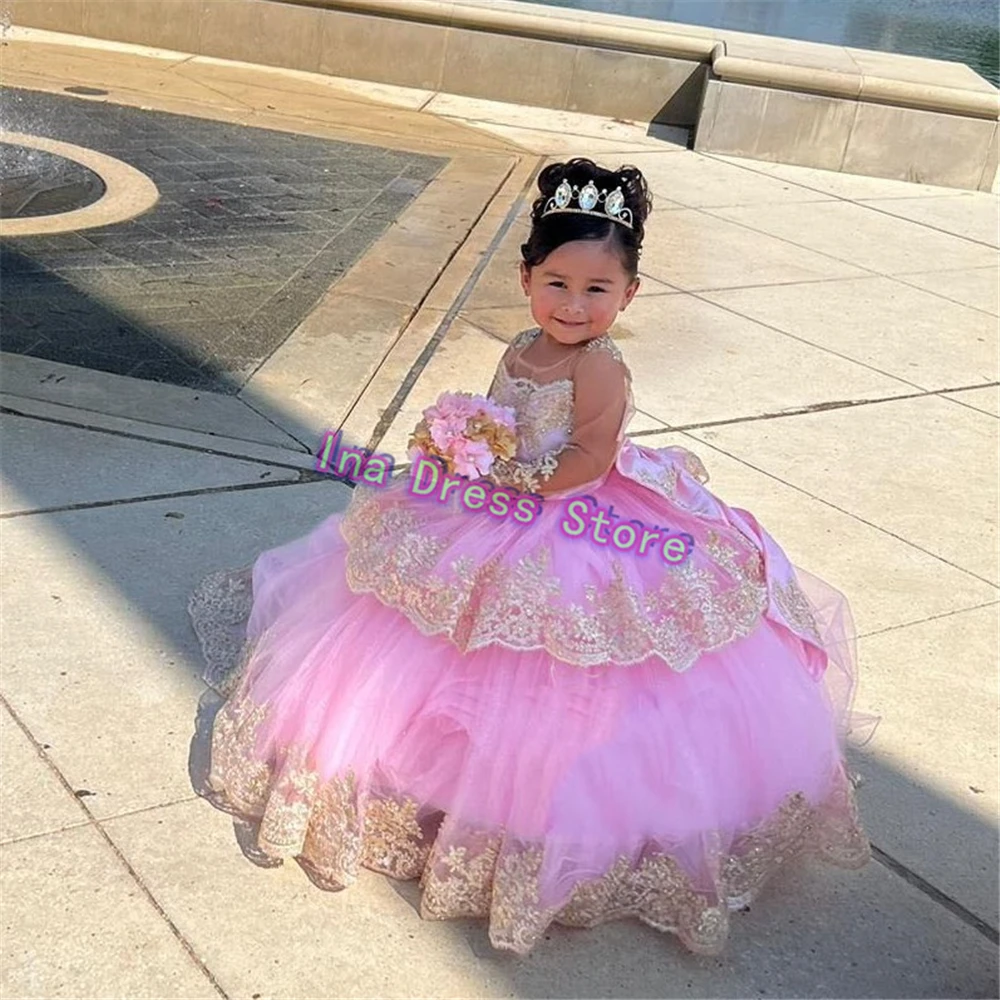 Personalizado múltiplas cores vestido da menina de flor adorável rosa tule fofo impressão casamento meninas festa aniversário vestidos noite