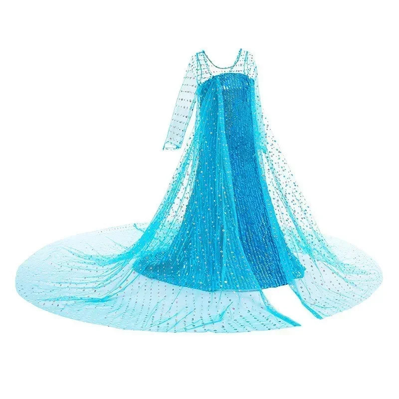 Mädchen Eis-Schnee-Prinzessin Paillettenkleid mit Langem Transparentem Umhang und Funkelnder Schleppe für Karneval, Geburtstag, Bühnenauftritt und Verkleidung – Detail 7