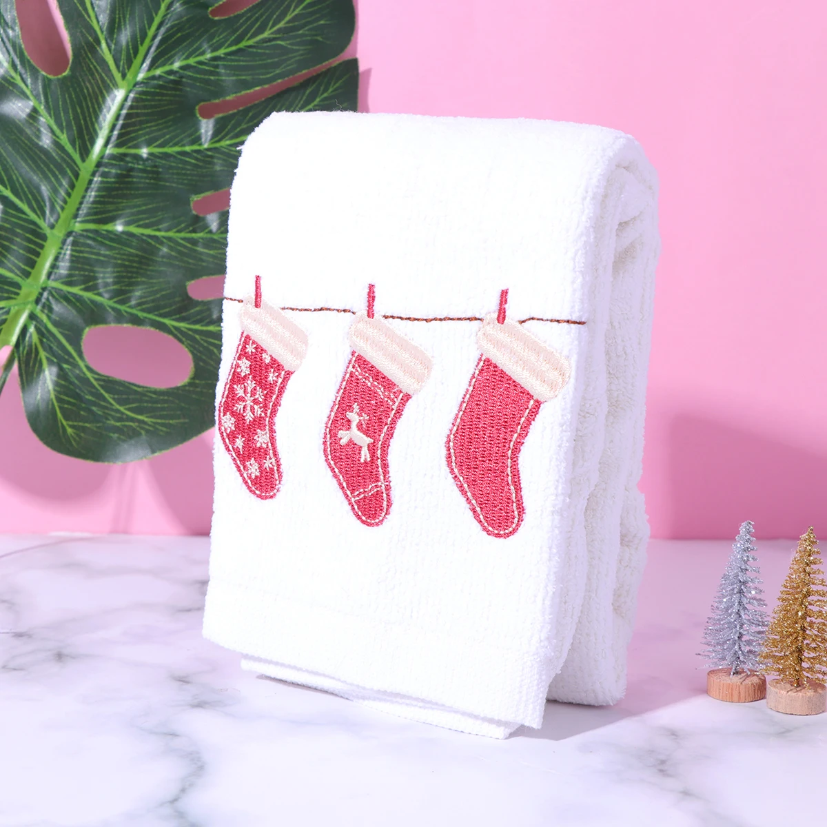 

2 Pcs Christmas Embroidered Towel Towels Xmas Kitchen Holiday Hand Facial Cotton
