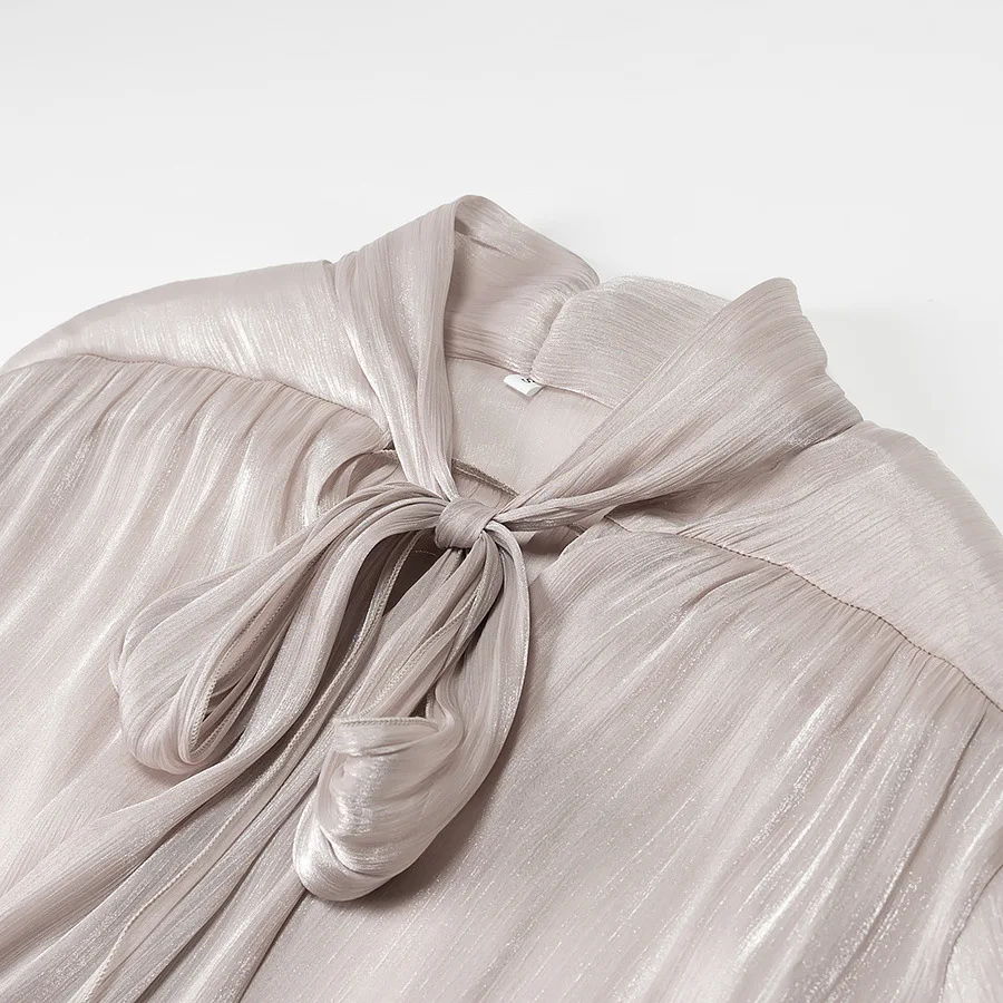 Women Pleated Tie Shirt Mini Skirt Set Half Turtleneck Long Sleeve Solid Elegant Shirt High Waist Zip Skirt Summer New Suit