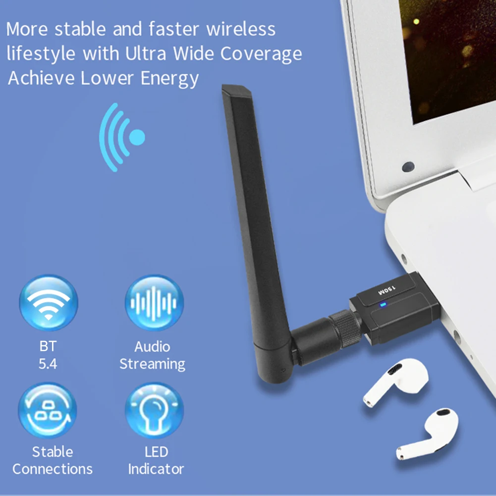 150 متر طويلة المدى USB BT دونغل يدعم Win11/10/8.1/7 USB BT محول مع هوائي للكمبيوتر ماوس لوحة المفاتيح سماعات الرأس