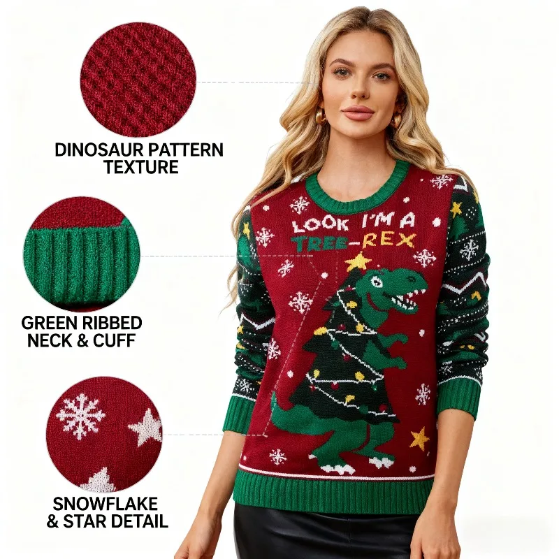

Women's Christmas Tree Patterned Sweater Crew Neck Long Sleeve Knitted Pullover for Festive Holiday and Fun Party Outfits