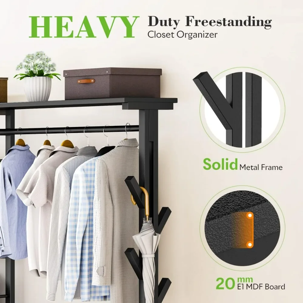 650lbs Capacity Free Standing Closet Organizer with 6 Metal Shelves and Coat Rack Heavy Duty Clothing Rack