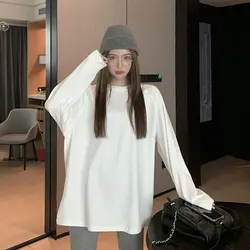 100% cotton Solid Long Sleeve Womens Tshirt Casual loose White oversized shirts Fashion style T-Shirt Ladies Korean Tee Shirt