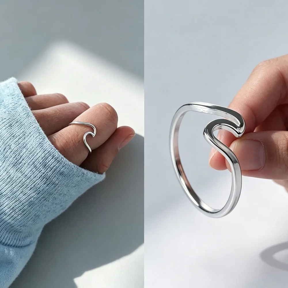 Women Stainless Steel Wave Ring Fashion Minimalist Statement Daily Beach Party Finger Jewelry