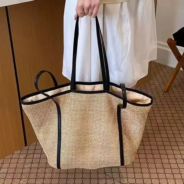 CLAREGQI  Large Capacity Straw Woven Tote Bag for Women PU Leather Trim Shoulder Handbag Summer Beach Vacation Travel Shopping W