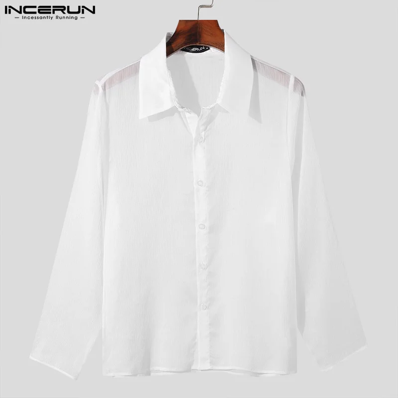 INCERUN Men\'s Shirt Solid Color Transparent Lapel Long Sleeve Casual Men Clothing Streetwear Fashion Leisure Male Shirts S-5XL