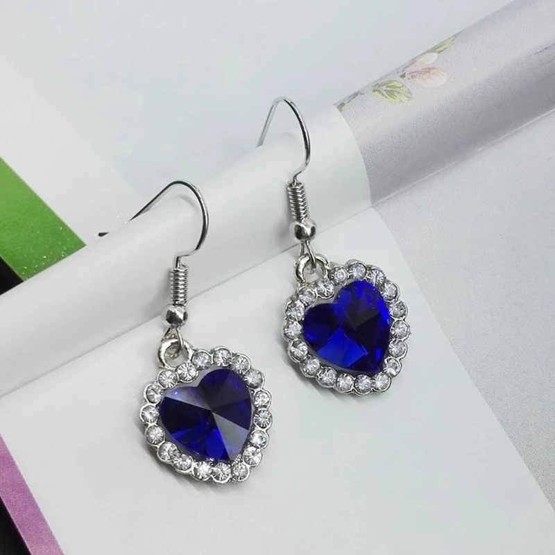 2022 Trend Elegant Royal Blue Crystal Zircon Earrings for Women Classic Titanic Ocean Peach Heart Pendant Earings Korean Jewelry