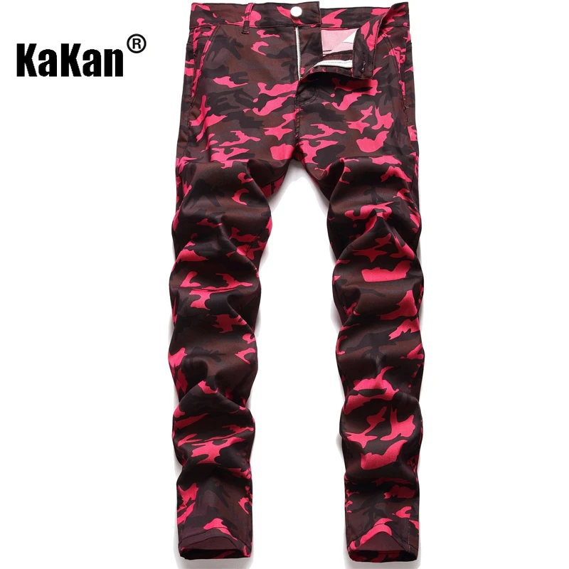 

Kakan-y2k New Men's Camouflage Jeans, Baggy Jeans Personalized Rose Red Contrasting Long Jeans