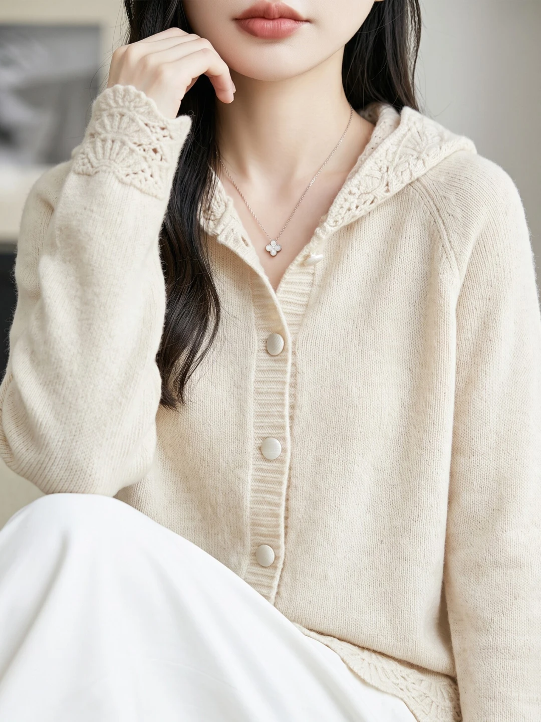 Elegant Hollow out Hoodie Knitted Cardigan Women's Fashion Soft Loose Warm Outerwear Sweater Knitwear Spring Autumn Season