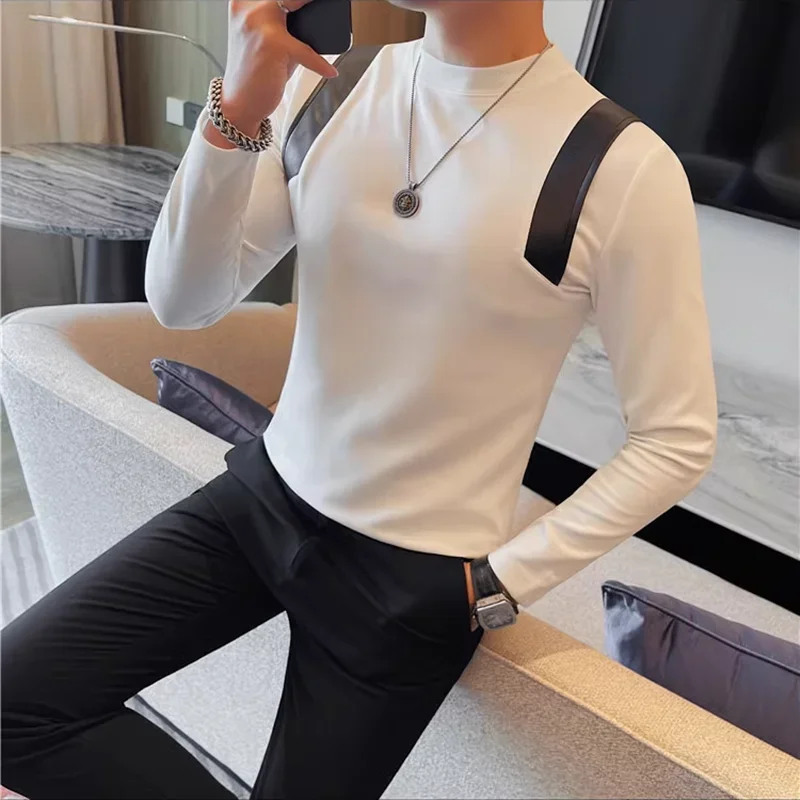 Turtleneck T-Shirts For Men Fashion Spliced Design Long Sleeve Men's T Shirt Korean Luxury Clothing Slim Fit Tee Shirt Homme 4XL