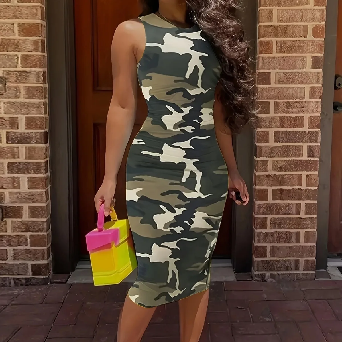 Vestidos femininos vestido estampado camo em torno do pescoço na altura do joelho sem mangas cintura cinched leve estiramento fino ajuste casual escritório 2025 verão