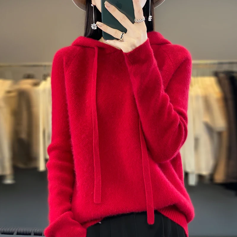 100% Merino Wool Thickening Women's Hoodie Solid color Long sleeved Hooded Pullover Fashion Women Tops Female