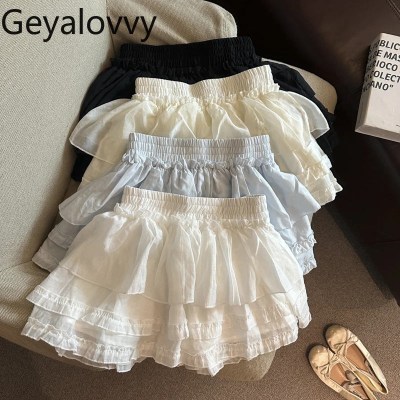 

Korean Sweet Fungus Lace Fluffy Cake Skirt Women's Summer Elastic High Waist Anti-light Temperament A- Line Short Skirts