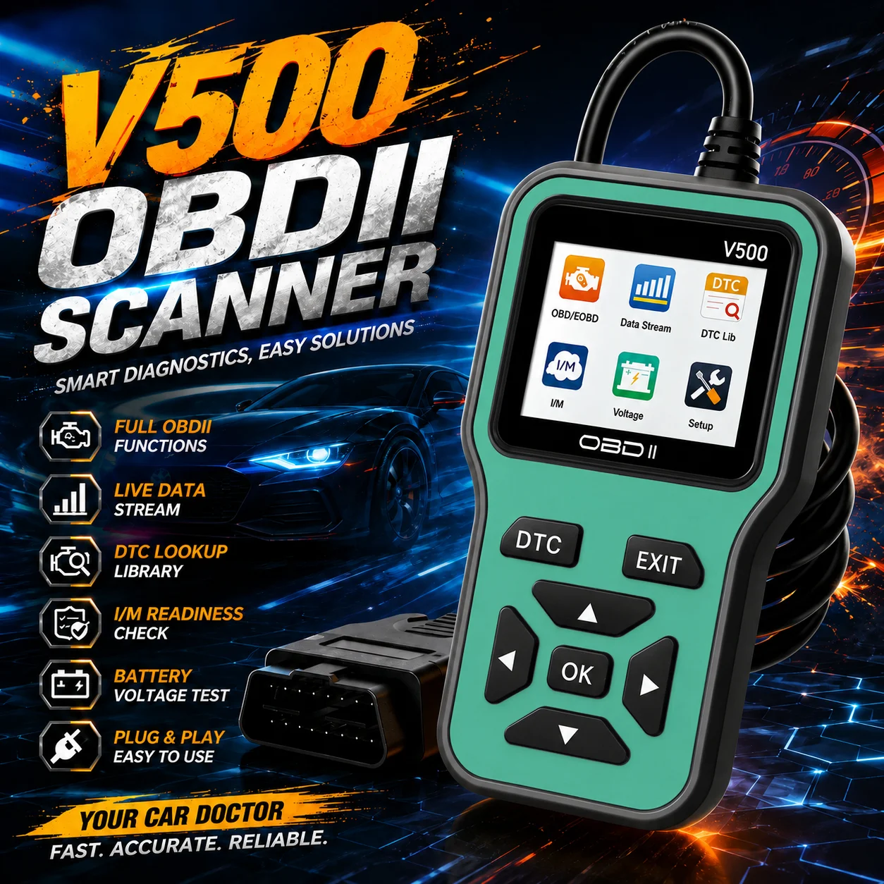 V500 Professional Obd2 Scanner Engine Code Reader Live Data Obdii Diagnostic Tool Read & Clear Codes for Cars Suvs Trucks
