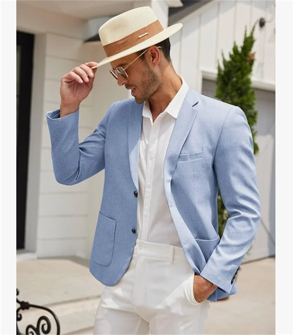 

Bule Blazers For Men Linen Spring Jackets Groomsman For Wedding Double Breasted Suits Tailor-made Casual Sport Coat 수트재킷