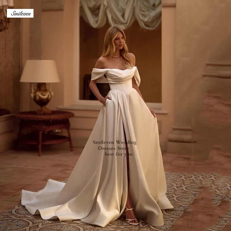 Smileven A Line Boho Wedding Dresses Off The Shoulder Bride Gown Customizable Satin Side Split Vestido De Novia Wedding Gowns