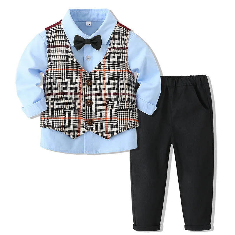 Baby Boys Clothes Formal Suit Spring Autumn Long Sleeve Bowtie Shirt+Waistcoat+Trousers Kids Boy Birthday Party Dress Set