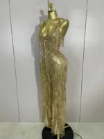 Sparkly Gold Rhinestones Sequins Fringe jumpsuit Women Sexy Nightclub Party Birthday Outfit Show Singer Stage Perform Costume - Image 2