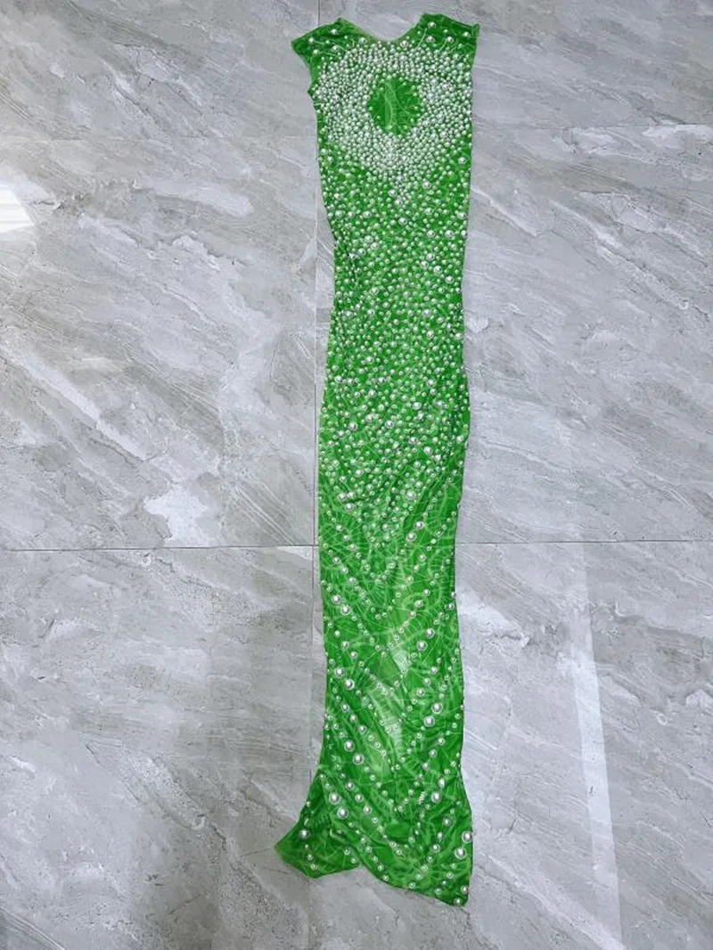Zielony nadruk Białe perły Urodziny Świętuj Długa sukienka Bez rękawów Siateczka Przezroczysta Tancerka Pokaż Festiwal Odzież