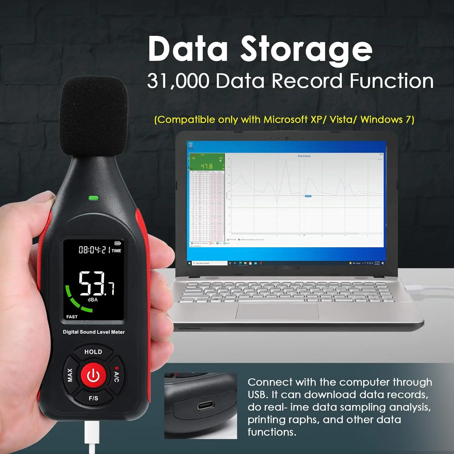 Digital Sound Level Meter Decibel Meter Data Logger 30-130dB A/C Weighted Fast Slow 3-Color Alarm Rechargeable SPL Tester