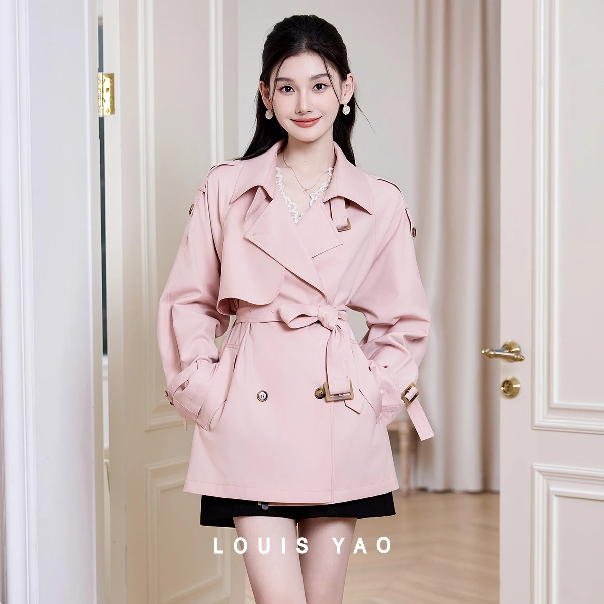 LOUIS YAO Women's Trench Coat 2026 Spring British Style Double Breasted Raglan Sleeve Removable Belt Cinched Waist Slim Jackets