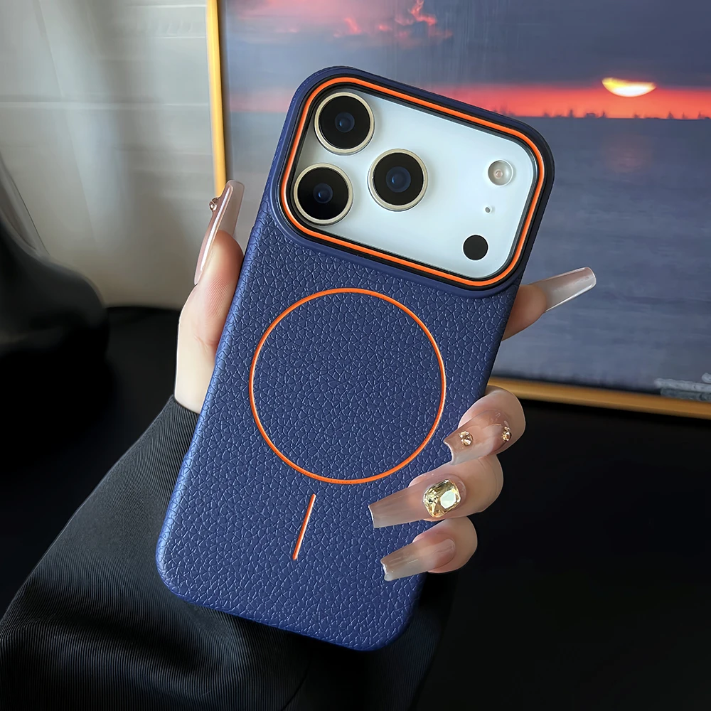 Leder-Textur Magsafe Hülle für iPhone 17 Air 16 15 14 12 13 11 Pro Max Plus Magnetische Matte Stoßfeste Schutzhülle