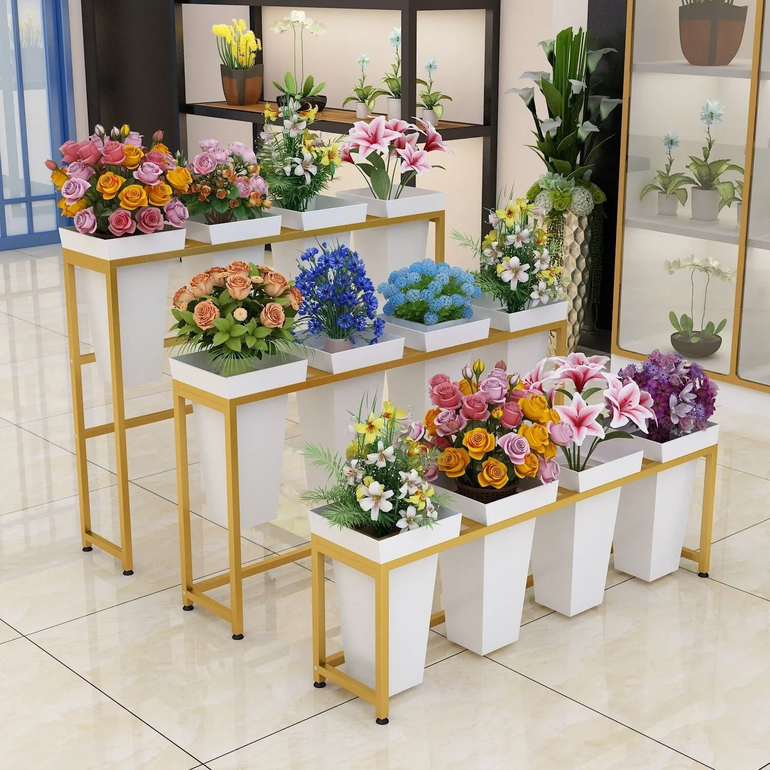 Wake flower bucket shelf storage display shelf simple modern entrepreneurial wrought iron multi-layer ladder stall attractions