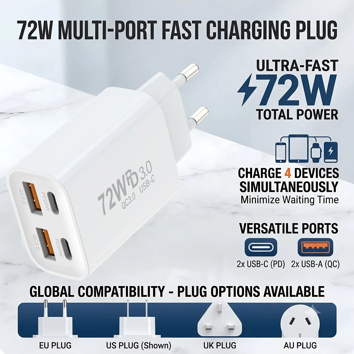 Multi Ports USB Charger 72W Fast Charging Type C Phone Adapter For iPhone Samsung Xiaomi Redmi EU/US/AU/UK Plug Wall Charger