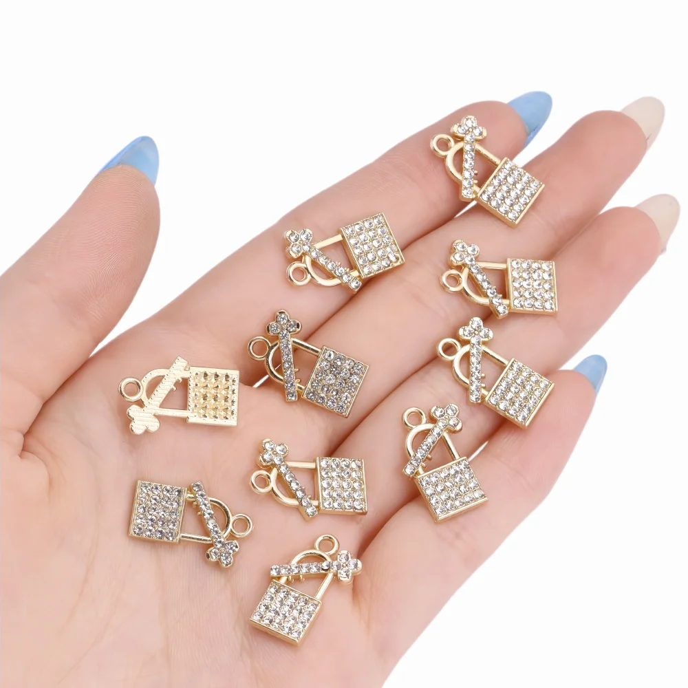 10Pcs Trendy Crystal Lock Key Charm For Jewelry Making Earrings Pendant Necklace Accessories Diy Craft Finding Gold Plated