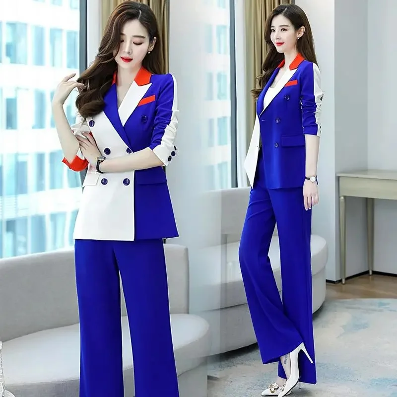 

Western Style Set Women Spring Autumn 2023 Korean Version Slim Fitting Color Matching Suit Two-Piece Hong Kong Style Flare Pants