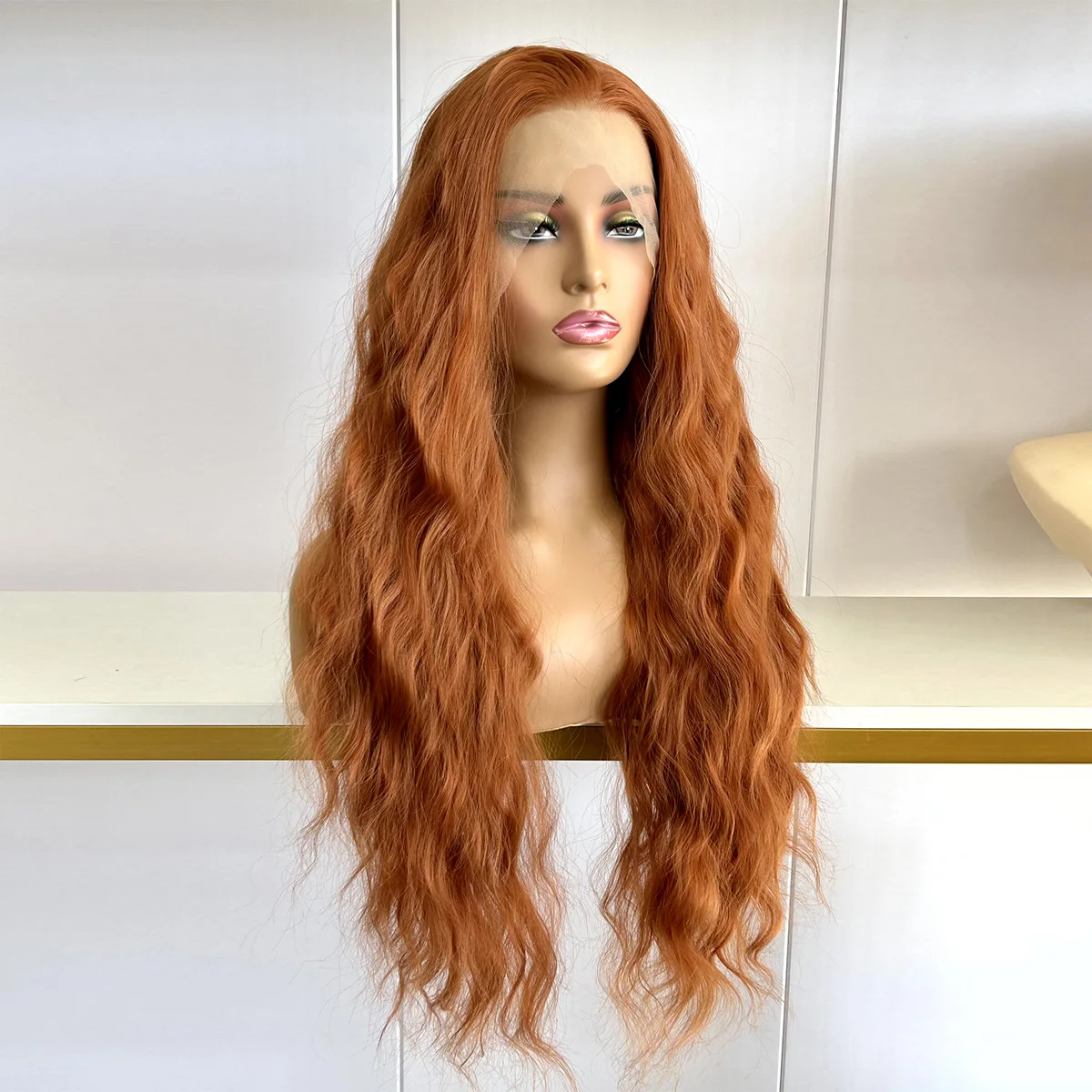Ginger Orange Long Body Wave Synthetic Wigs 13x4 Lace Frontal Auburn Brown Colored Heat Resistant for Women Daily Party Cosplay