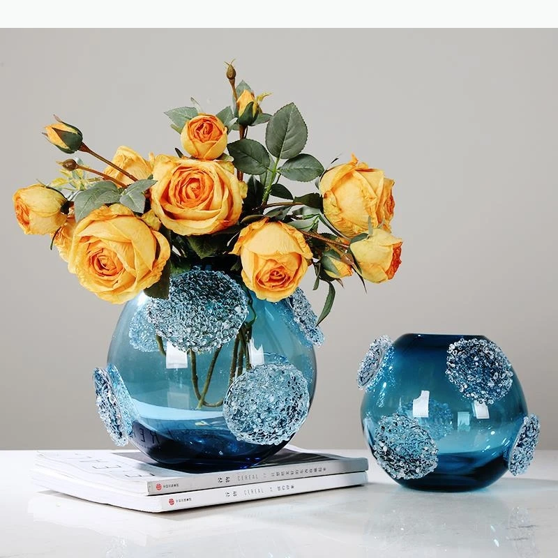 Glass Vase Blue Glass Vase Embossed Flower Transparent Terrarium Flower Vase Home Decoration Accessories Flowerpot