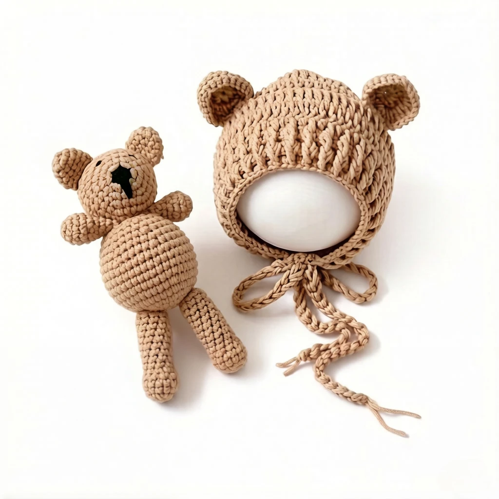 

2Pcs Baby Beanie Set with bear dolls, newborn photography props, knitted hats for baby boys and girls, perfect as gifts