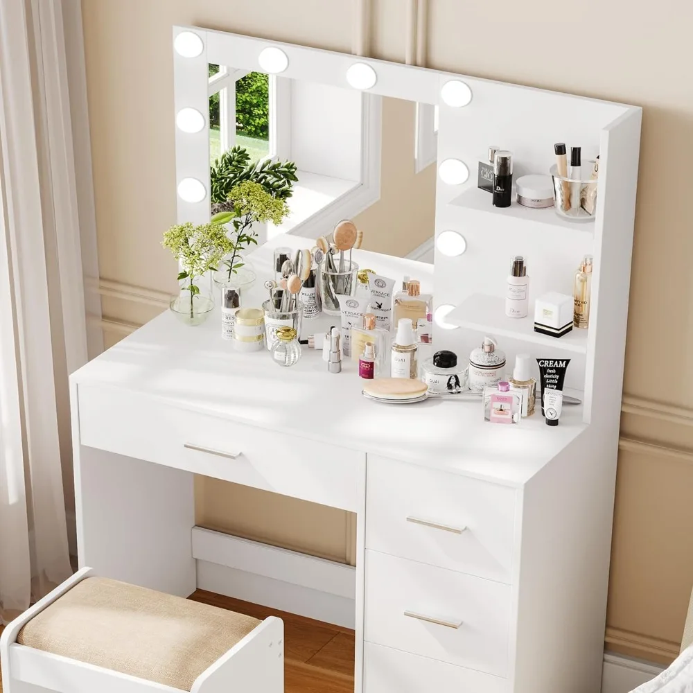 Makeup Table with Illuminated Mirror, Makeup Table Table with Storage Rack and 4 Drawers, Bedroom Vanity, 10 LED Lights, White