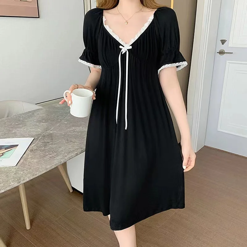 Women\'s Sleep & Lounge New Soft Women Sleep Skirt Cotton Short Sleeves Nightdress Black Luxury Ladies Shirt Casual Home Dress
