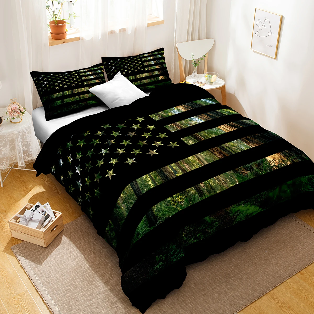 Black Duvet Cover Set United States Flag Bedding Set American Flag Bedding Forest Tree Nature Quilt Cover with Black Pillowcases