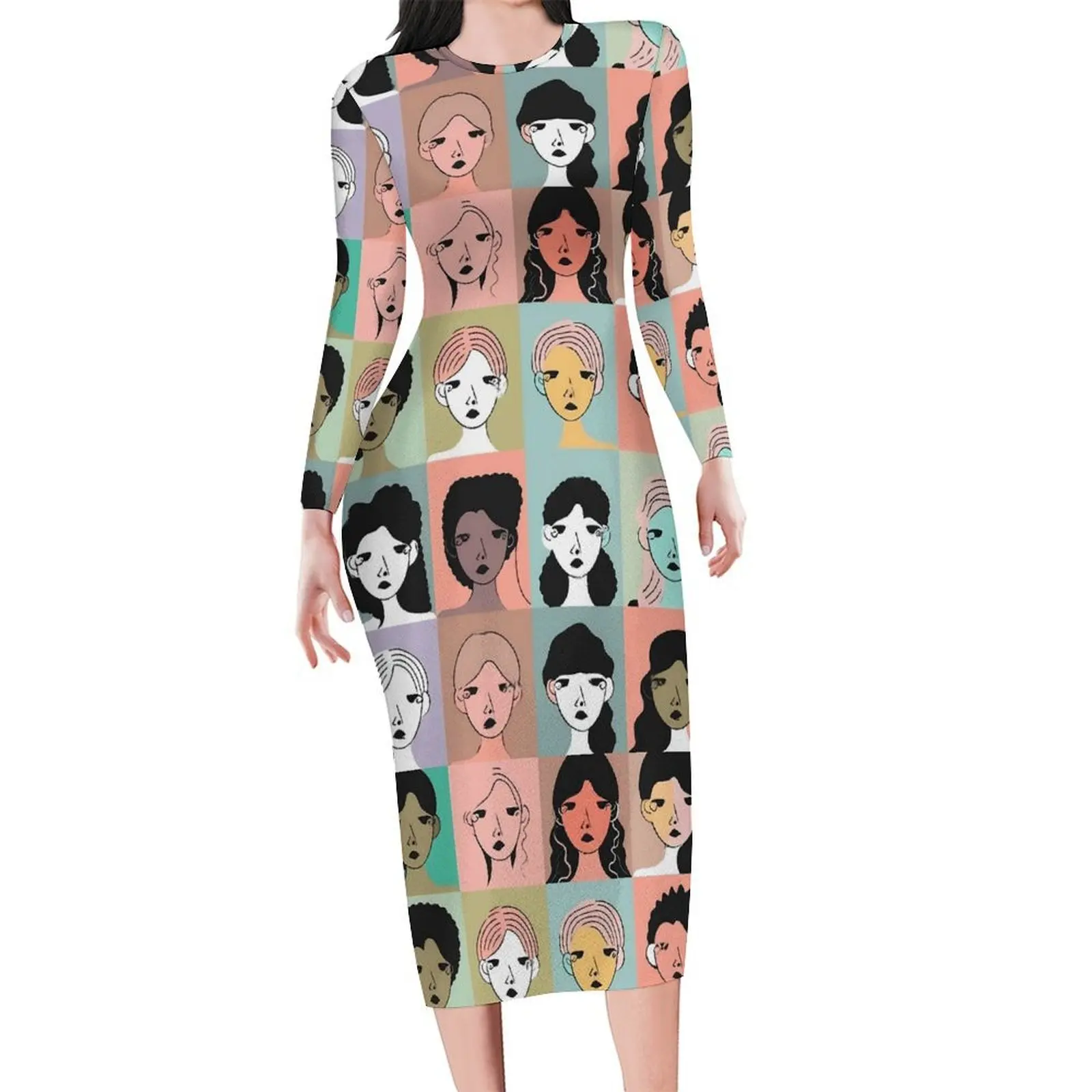 

Character Lady Dress Long Sleeve A Grid Of Quirky Women Faces Street Fashion Dresses Spring Bodycon Dress Oversize Vestido