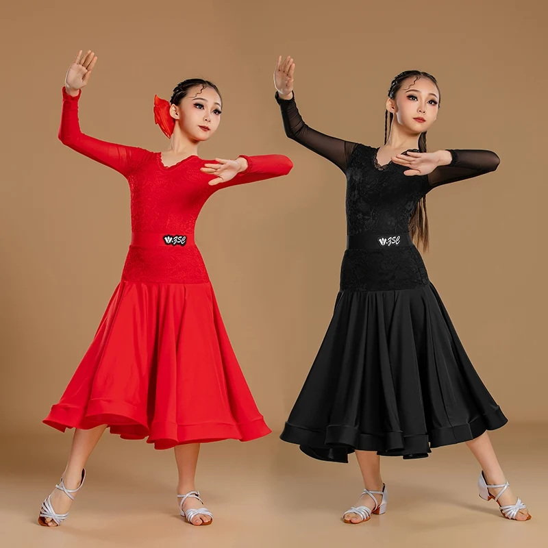 

2025 Girls Modern Dance Professional Waltz Social Dance Long Sleeve Performance Wear Ballroom Dance Competition Dress DN20627