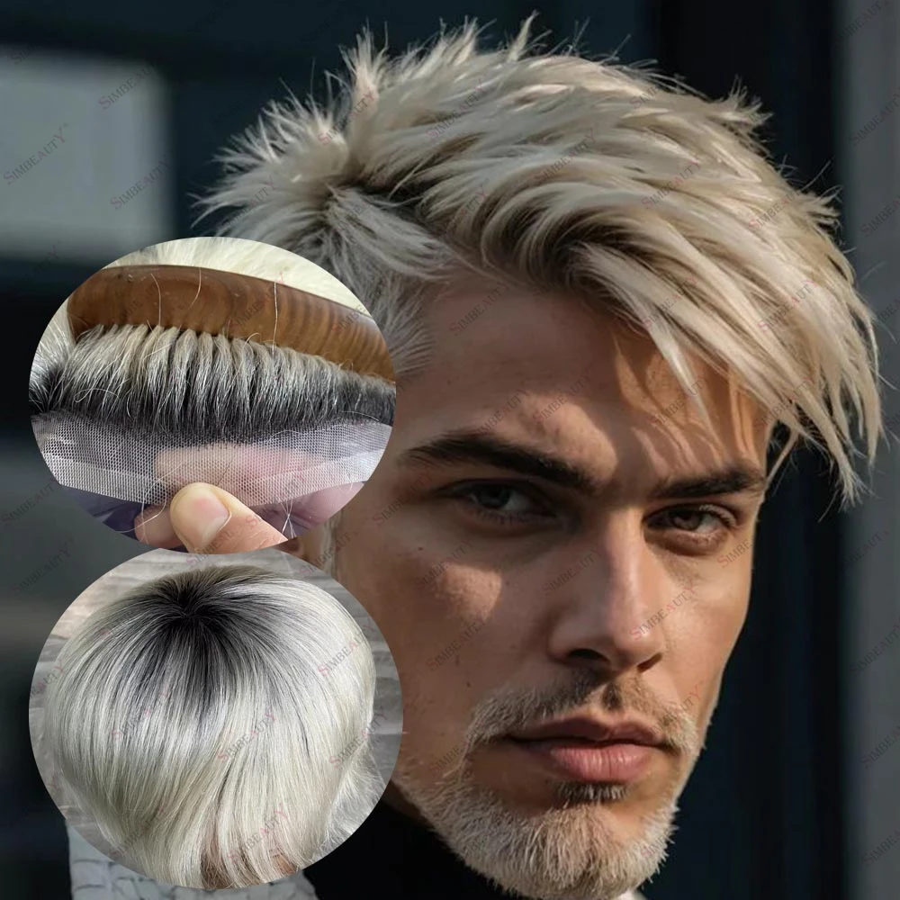 

Полный кружевной человеческий волос, мужской парик, мужские парики, комфортные воздушные кружевные мужские волосы, плотность 120%, естественный вид, омбре, платиновый блондин, мужской парик
