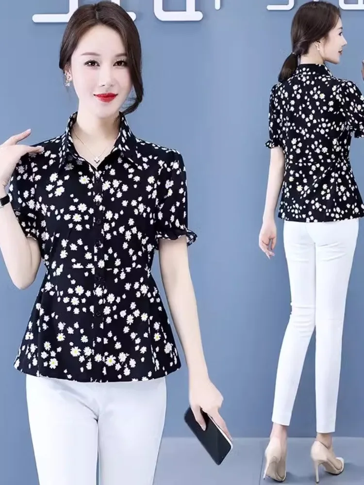 fashionable-korean-style-women's-short-sleeve-shirt-summer-new-arrival-printed-turn-down-collar-large-size-snow-collar-pin
