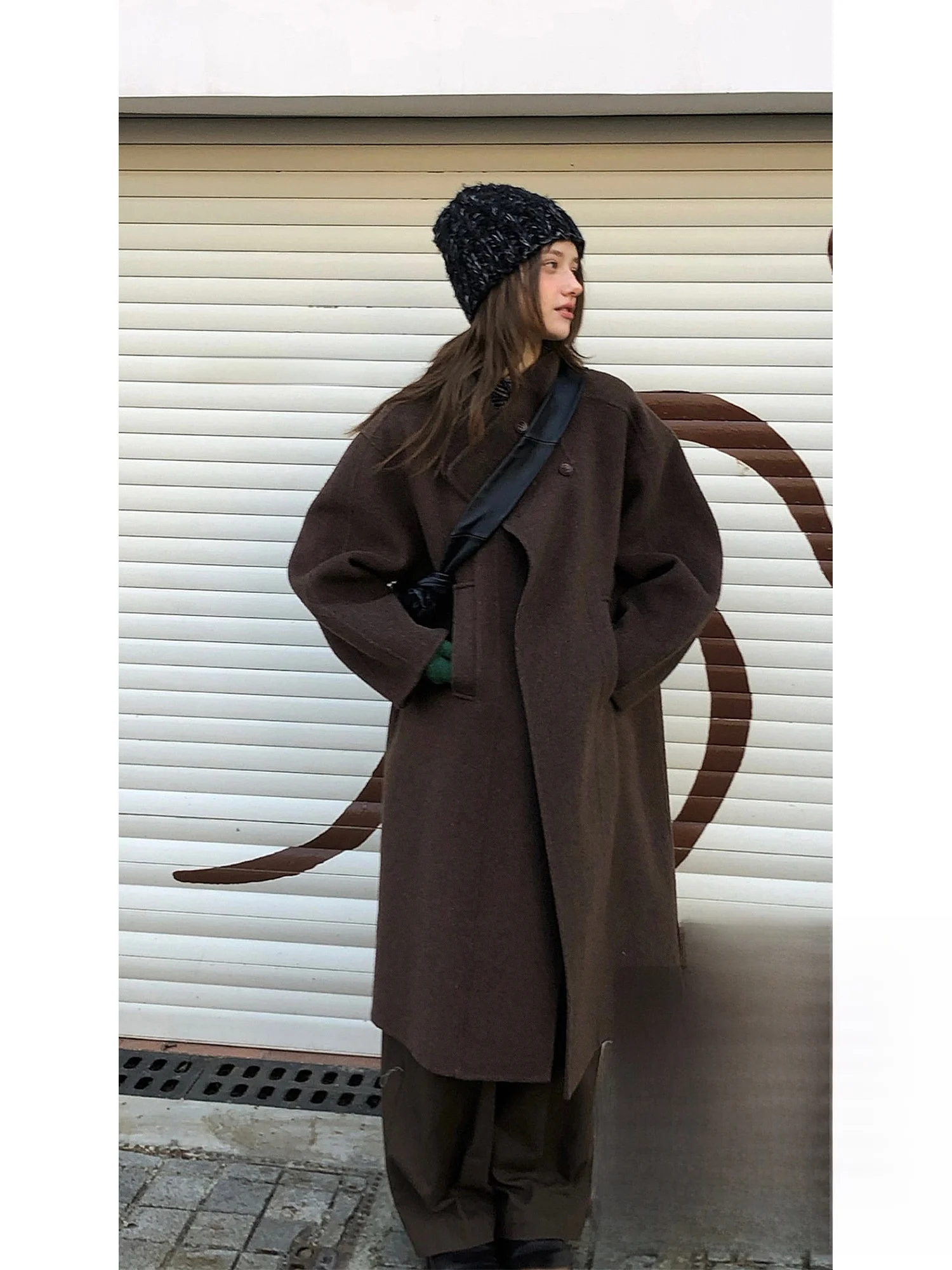 

Le Double-Faced Woolen Long Coat Women's Wrap Feeling Retro Paage Sense Camere Outerwear Briti Sle Commute Loose Fit
