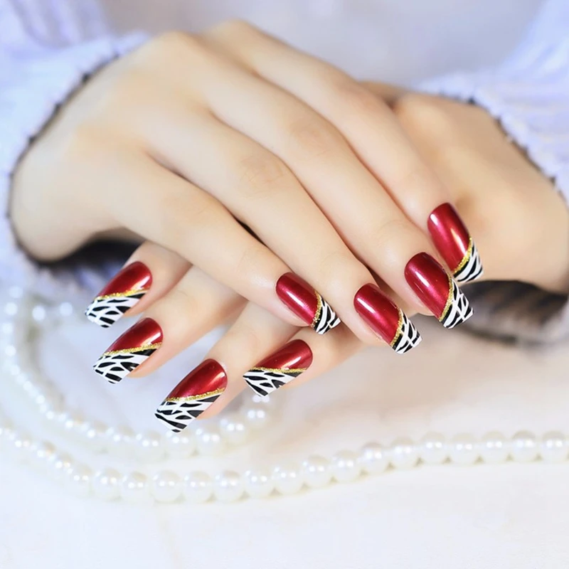 Sexy Rode Wijn Medium Valse Nagels Lady Sexy Luipaard Patroon Kunstnagels Diy Manicure Tool Gemakkelijk Te Gebruiken Met Lijm sticker Z328