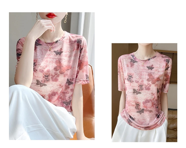 Summer New Women's Round Neck Printed Knitted Short-Sleeved Thin T-shirt Loose Bottoming Shirt